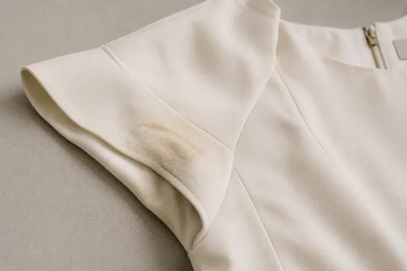 A deodorant mark under the arm of a returned garment.