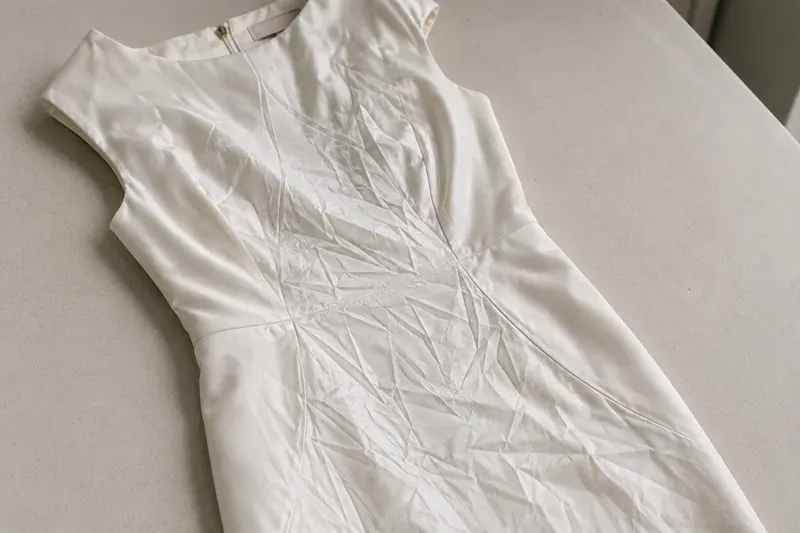 Heavy creasing through the front of a returned dress after being folded into a mailer.