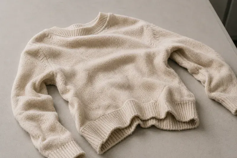 A knitted shoulder pulled out of shape by poor folding.