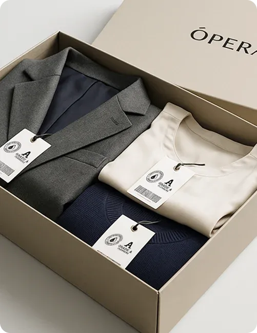 Clean folded garments in Opera-branded packaging, ready for redelivery.